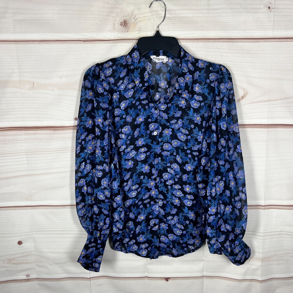 Retro & Icone Top Womens Small Blue Pansy Floral Blouse Button Up Balloon Sleeve